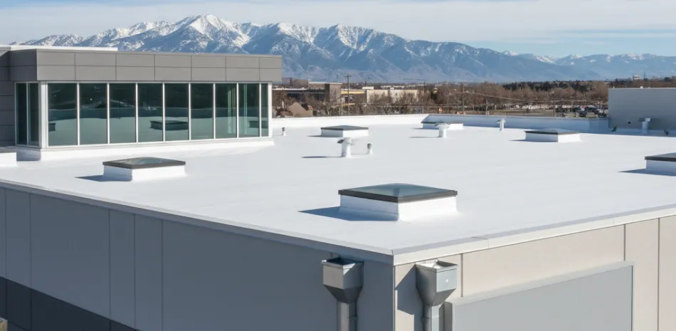Commercial building with white flat roof and Dedication Roofing sign in West Valley City, UT with mountain background