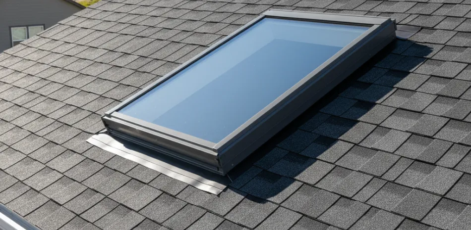 Rectangular skylight reflecting clouds installed on gray shingled roof with mountains in background