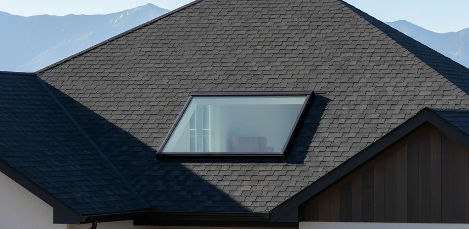 White pickup truck with ladder parked outside modern house with dark shingle roof and skylight